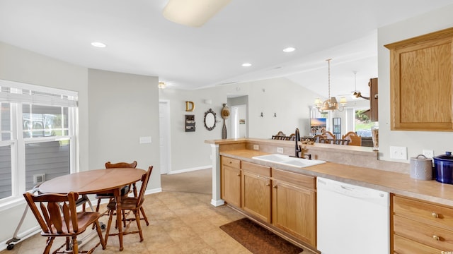 1001 Bonita Loop, Myrtle Beach, SC 29588 - kitchen featuring white dishwasher, light countertops, a chandelier, recessed lighting, and a peninsula