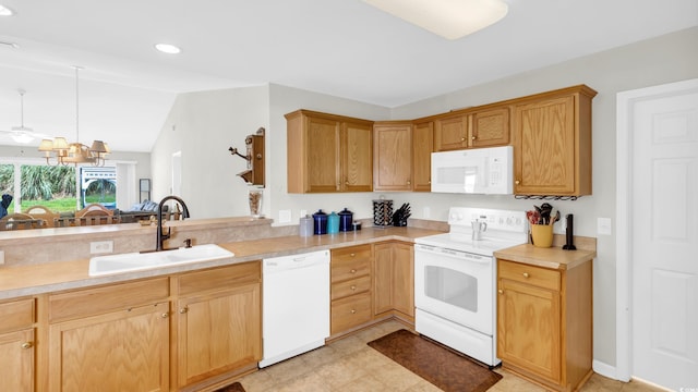 1001 Bonita Loop, Myrtle Beach, SC 29588 - kitchen featuring white appliances, light countertops, a ceiling fan, hanging light fixtures, and recessed lighting