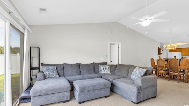 1001 Bonita Loop, Myrtle Beach, SC 29588 - living area featuring a chandelier, light carpet, vaulted ceiling, and ceiling fan