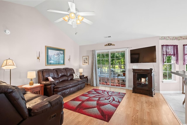 6506 Royal Pine Dr, Myrtle Beach, SC 29588 - living room with wood finished floors, ceiling fan, and high vaulted ceiling
