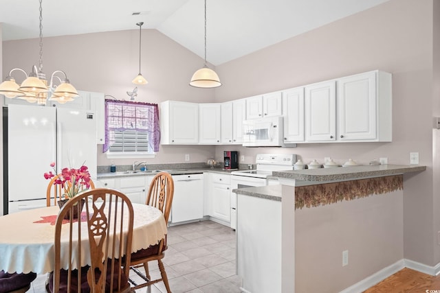 6506 Royal Pine Dr, Myrtle Beach, SC 29588 - kitchen featuring high vaulted ceiling, white appliances, a chandelier, white cabinetry, and decorative light fixtures