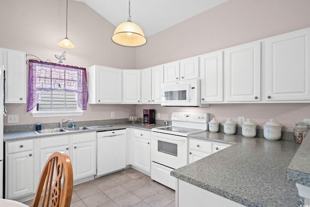 6506 Royal Pine Dr, Myrtle Beach, SC 29588 - kitchen with white appliances, high vaulted ceiling, light tile patterned flooring, white cabinets, and hanging light fixtures