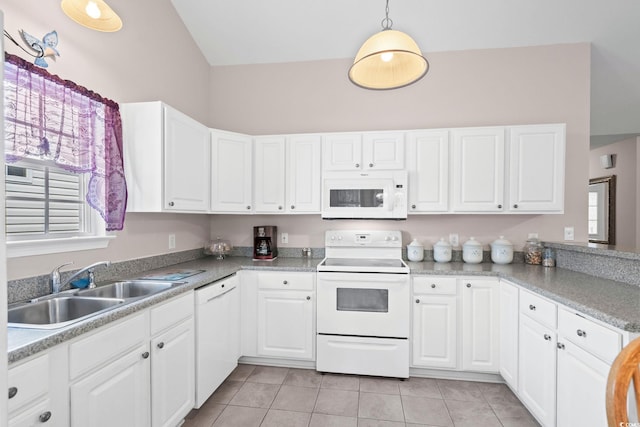 6506 Royal Pine Dr, Myrtle Beach, SC 29588 - kitchen with white appliances, light tile patterned flooring, and white cabinetry