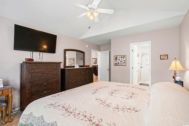 6506 Royal Pine Dr, Myrtle Beach, SC 29588 - bedroom with wood finished floors, high vaulted ceiling, connected bathroom, and a ceiling fan