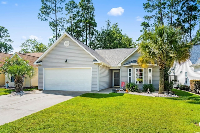 6506 Royal Pine Dr, Myrtle Beach, SC 29588 - ranch-style home with concrete driveway, a garage, a front lawn, and a shingled roof