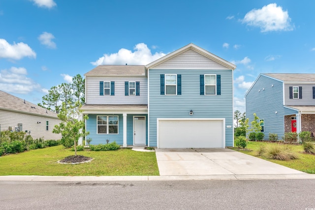 131 Marauder Dr, Longs, SC 29568 - traditional-style house with driveway, a garage, a front lawn, and roof with shingles