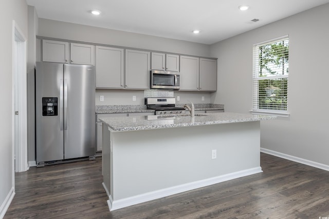 131 Marauder Dr, Longs, SC 29568 - kitchen featuring gray cabinets, stainless steel appliances, a kitchen island with sink, recessed lighting, and dark wood-style flooring