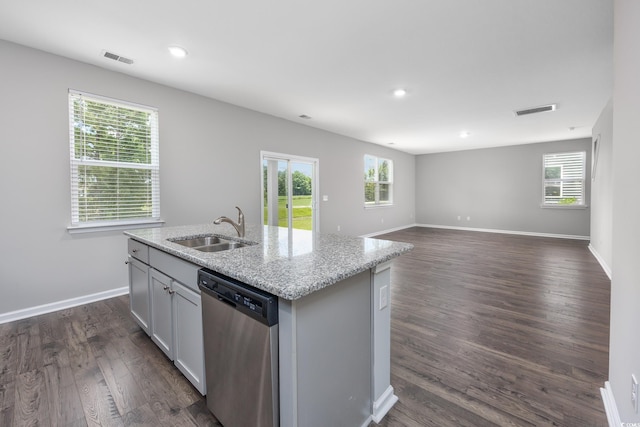 131 Marauder Dr, Longs, SC 29568 - kitchen featuring stainless steel dishwasher, an island with sink, healthy amount of natural light, light stone countertops, and recessed lighting