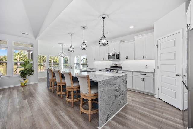 5540 Whitebark Dr, Myrtle Beach, SC 29577 - kitchen with stainless steel appliances, an island with sink, light wood-type flooring, light stone counters, and white cabinetry