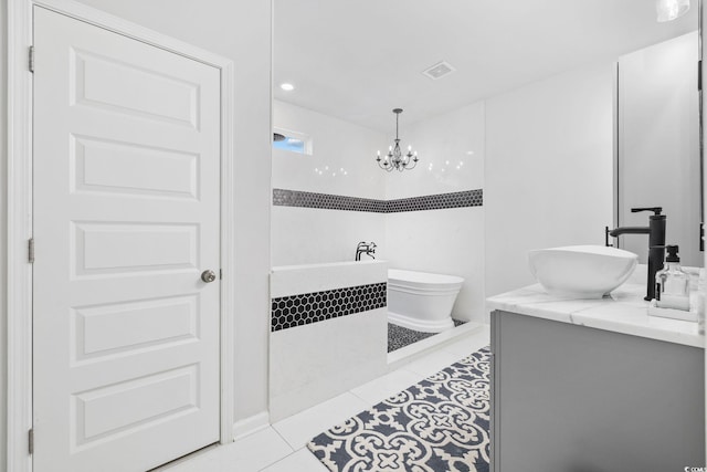 5540 Whitebark Dr, Myrtle Beach, SC 29577 - bathroom with double vanity, tile patterned floors, a chandelier, and a tile shower