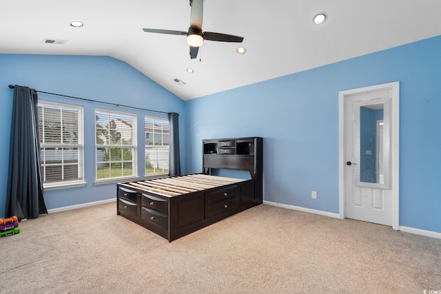 632 Kindred Dr, Myrtle Beach, SC 29588 - carpeted bedroom featuring lofted ceiling, recessed lighting, and ceiling fan