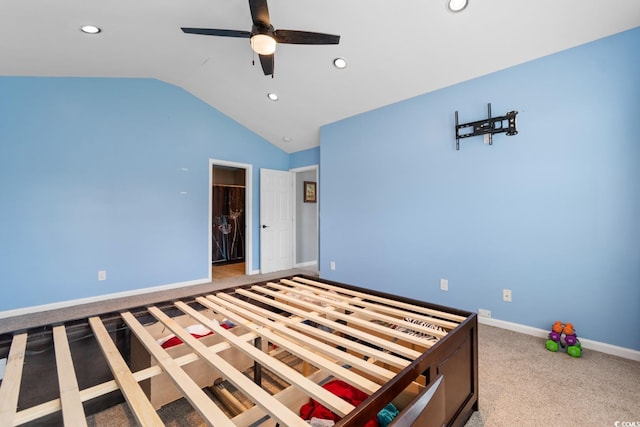 632 Kindred Dr, Myrtle Beach, SC 29588 - unfurnished bedroom with vaulted ceiling, recessed lighting, ceiling fan, and carpet flooring