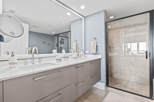 603 S Ocean Blvd Unit 1109, North Myrtle Beach, SC 29582 - full bathroom featuring double vanity, a shower stall, recessed lighting, and tile patterned floors