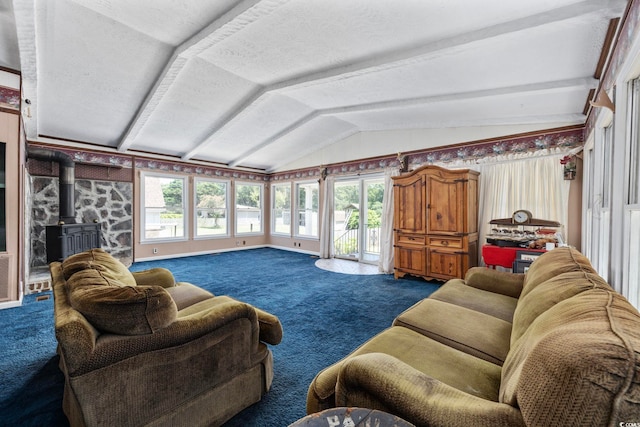 708 Charlotte Rd, Myrtle Beach, SC 29577 - living room with carpet flooring, a wood stove, vaulted ceiling, and healthy amount of natural light