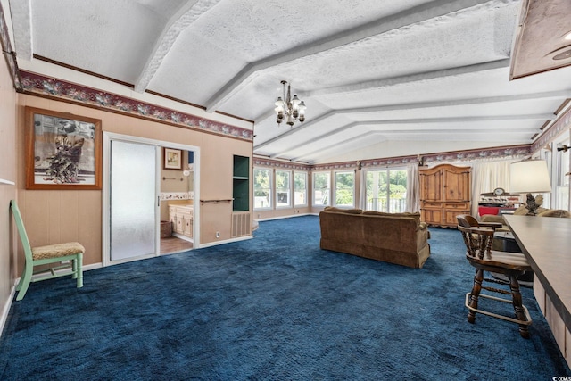 708 Charlotte Rd, Myrtle Beach, SC 29577 - carpeted living area with vaulted ceiling, a chandelier, and a textured ceiling