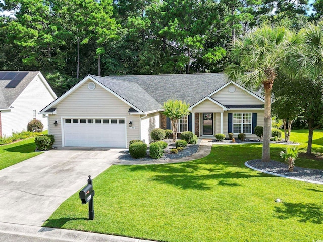 188 Governors Loop, Myrtle Beach, SC 29588 - ranch-style house with concrete driveway, an attached garage, roof with shingles, a front lawn, and covered porch