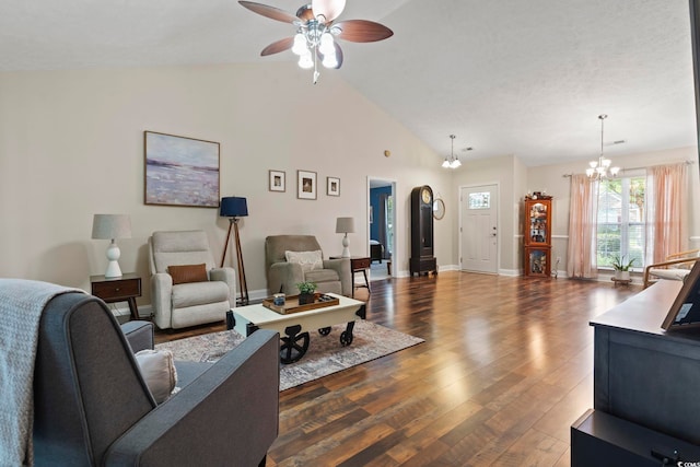 188 Governors Loop, Myrtle Beach, SC 29588 - living room featuring ceiling fan, dark wood-style floors, a chandelier, and high vaulted ceiling