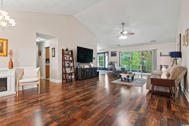 188 Governors Loop, Myrtle Beach, SC 29588 - living room featuring wood finished floors, ceiling fan, a chandelier, a glass covered fireplace, and high vaulted ceiling