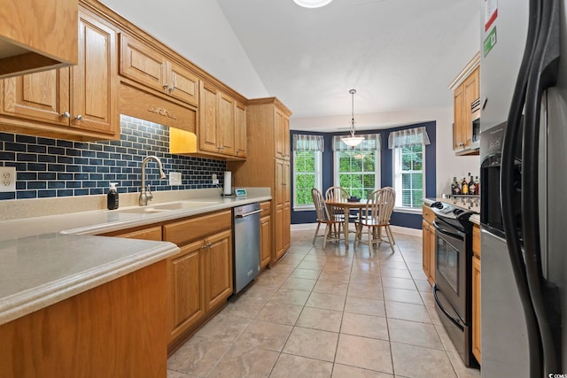 188 Governors Loop, Myrtle Beach, SC 29588 - kitchen with fridge with ice dispenser, light tile patterned floors, electric range, light countertops, and backsplash