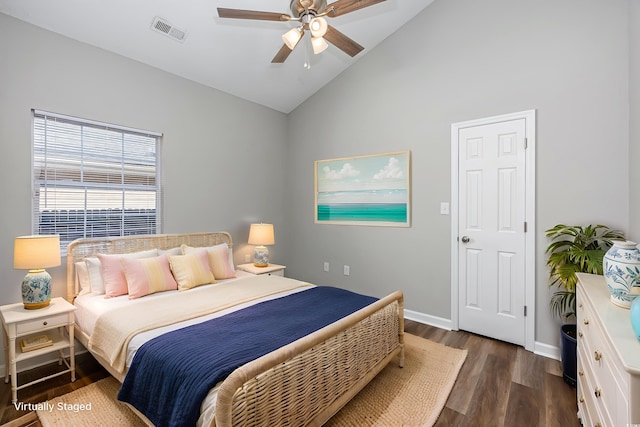 1315 Melanie Ln, Myrtle Beach, SC 29577 - bedroom with dark wood-style flooring, high vaulted ceiling, and a ceiling fan
