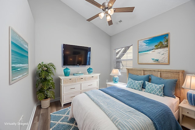 1315 Melanie Ln, Myrtle Beach, SC 29577 - bedroom featuring wood finished floors, a ceiling fan, and high vaulted ceiling