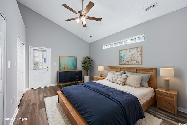 1315 Melanie Ln, Myrtle Beach, SC 29577 - bedroom featuring wood finished floors, high vaulted ceiling, and ceiling fan