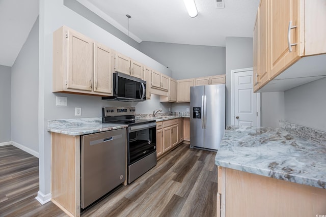 1315 Melanie Ln, Myrtle Beach, SC 29577 - kitchen with appliances with stainless steel finishes, light brown cabinets, dark wood-type flooring, light stone counters, and high vaulted ceiling