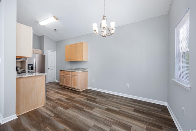 1315 Melanie Ln, Myrtle Beach, SC 29577 - kitchen featuring light brown cabinetry, a chandelier, dark wood-type flooring, stainless steel refrigerator with ice dispenser, and lofted ceiling
