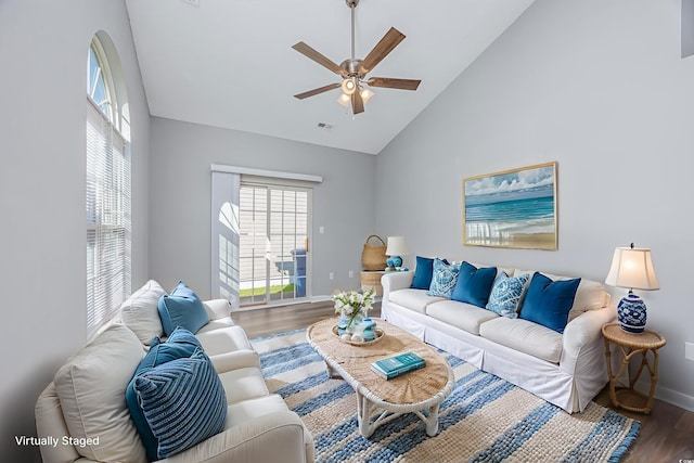 1315 Melanie Ln, Myrtle Beach, SC 29577 - living room featuring wood finished floors, a ceiling fan, and high vaulted ceiling