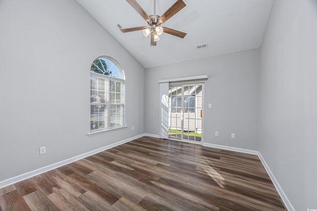 1315 Melanie Ln, Myrtle Beach, SC 29577 - empty room featuring dark wood finished floors, ceiling fan, and high vaulted ceiling