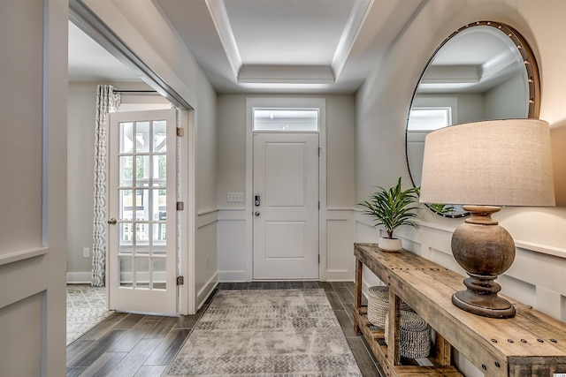 foyer entrance with a raised ceiling and dark hardwood / wood-style floors