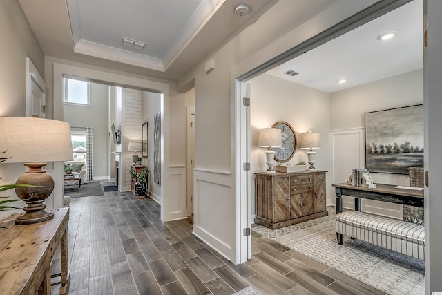 hall featuring dark wood-type flooring and a raised ceiling