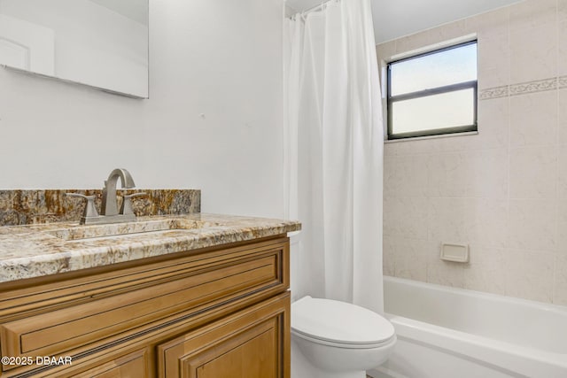 full bathroom with toilet, shower / bathtub combination with curtain, and vanity