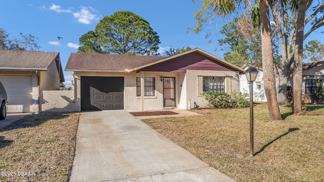 ranch-style house with an attached garage, driveway, a front lawn, and brick siding