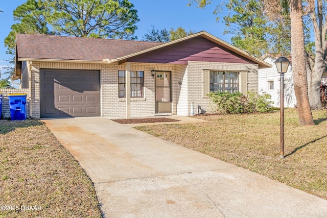 single story home featuring an attached garage, brick siding, concrete driveway, roof with shingles, and a front yard