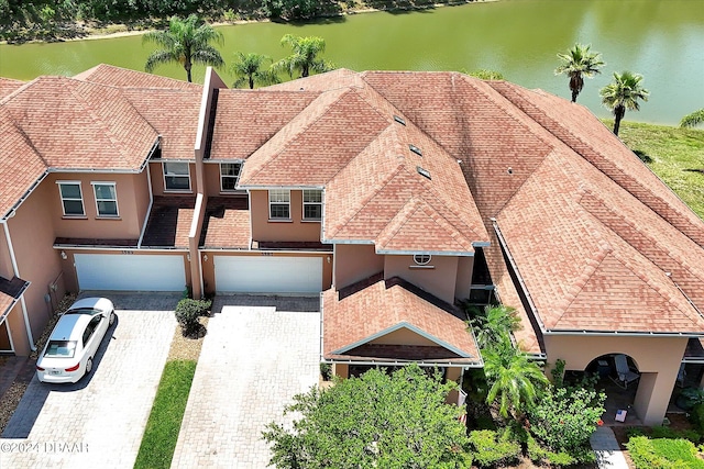 aerial view featuring a water view