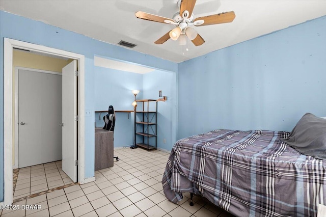 bedroom featuring light tile patterned floors, a ceiling fan, and visible vents