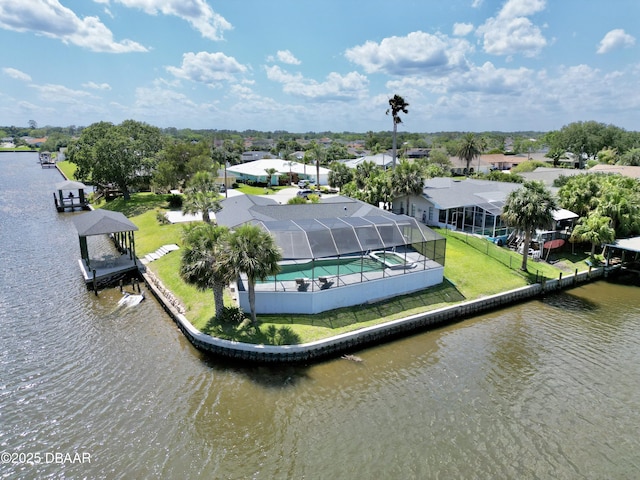 aerial view featuring a water view and a residential view