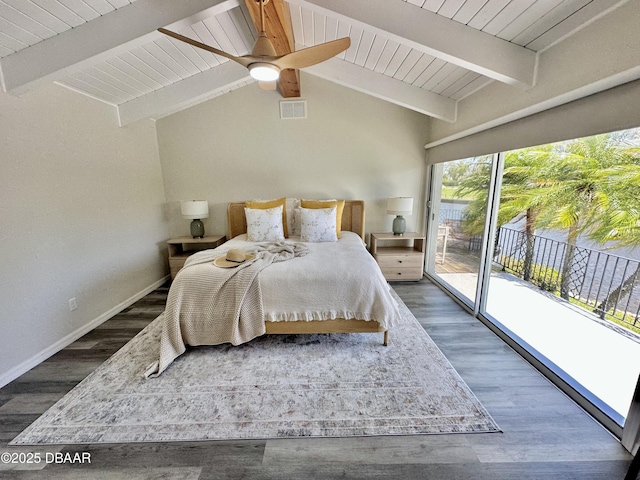 bedroom with vaulted ceiling with beams, access to exterior, wood finished floors, and visible vents