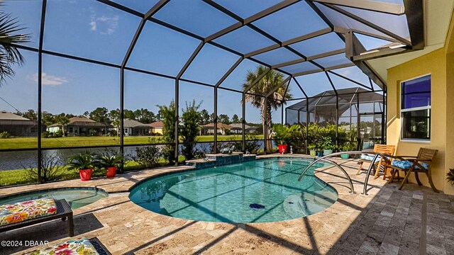 1078 Castaway Ct, Daytona Beach, FL 32124 - swimming pool with an in-ground hot tub, a patio, glass enclosure, and a residential view