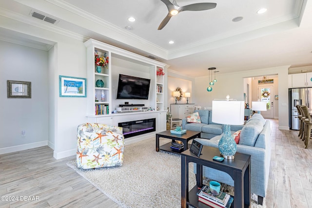 1078 Castaway Ct, Daytona Beach, FL 32124 - living room with light wood-style flooring, ceiling fan, baseboards, ornamental molding, and recessed lighting