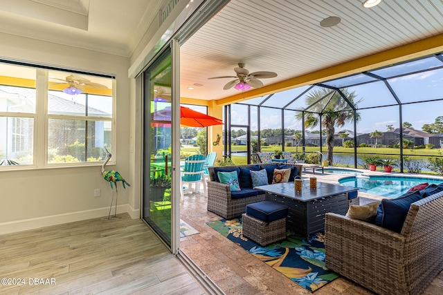 1078 Castaway Ct, Daytona Beach, FL 32124 - sunroom / solarium featuring a hot tub, ceiling fan, a swimming pool, and an outdoor hangout area