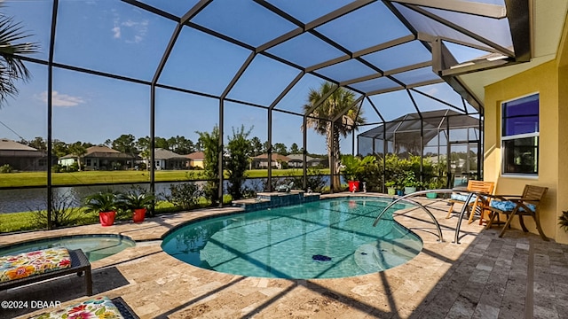 view of pool featuring a lanai, an in ground hot tub, a water view, and a patio area