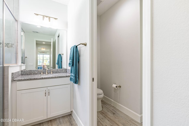 bathroom featuring toilet, vanity, and wood-type flooring