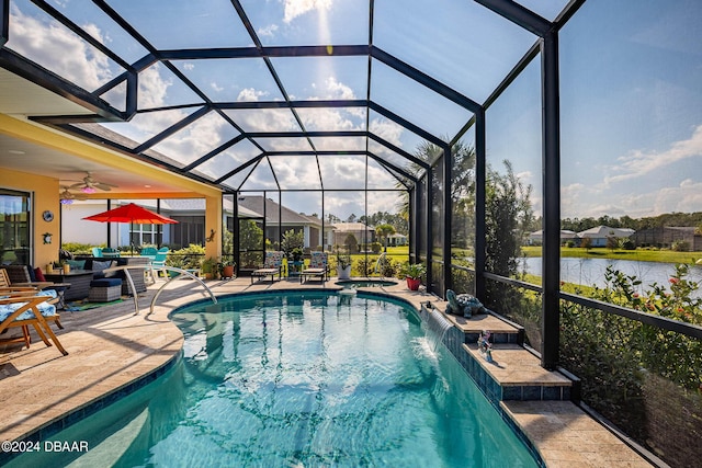 1078 Castaway Ct, Daytona Beach, FL 32124 - view of pool featuring a patio area, an outdoor living space, a pool with connected hot tub, a water view, and a lanai