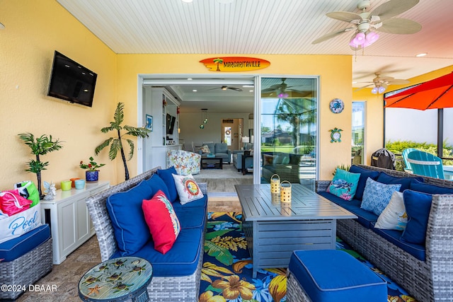 view of patio / terrace featuring ceiling fan and an outdoor hangout area