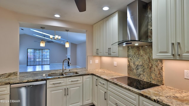 kitchen featuring sink, wall chimney range hood, black electric stovetop, stainless steel dishwasher, and vaulted ceiling with skylight