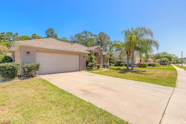 ranch-style house featuring concrete driveway, stucco siding, an attached garage, and a front lawn