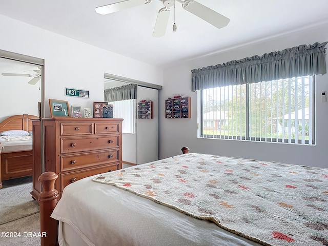 bedroom with ceiling fan, a closet, light colored carpet, and multiple windows