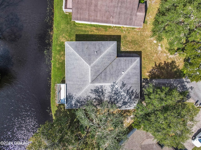 drone / aerial view featuring a water view